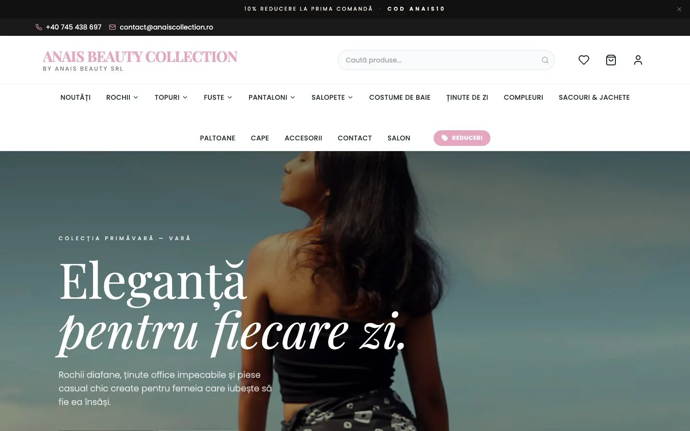 Prima pagină a magazinului online ANAIS Beauty Collection, cu meniul de categorii și colecția de primăvară-vară